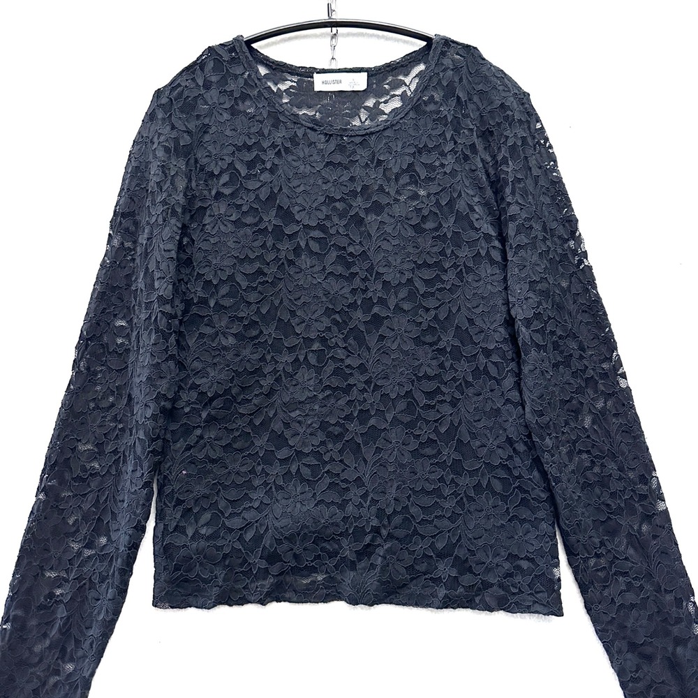 Hollister L Black Floral Lace Long Sleeve Top Crew Neck Lined Bodice Large Witch